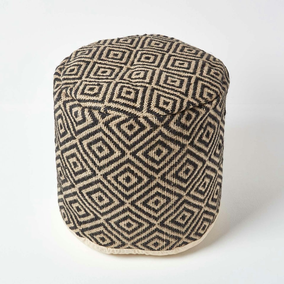 image 1 of Homescapes Black and Cream Aztec Style Jute Footstool Beanbag Round - 45 x 40 cm | Black | 45 x 40 cm