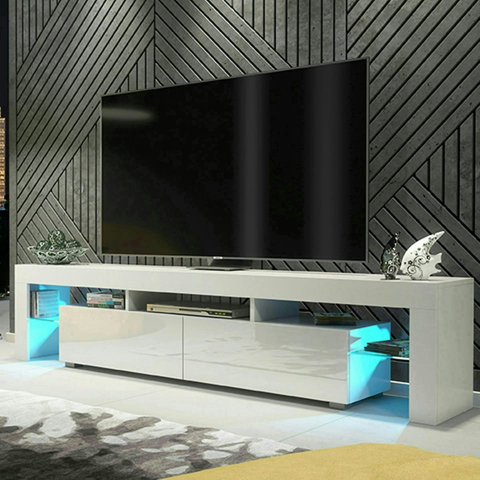 image 1 of TV Unit 200cm White Gloss Doors White Matt Frame Modern Media Cabinet | White | One Size | 1