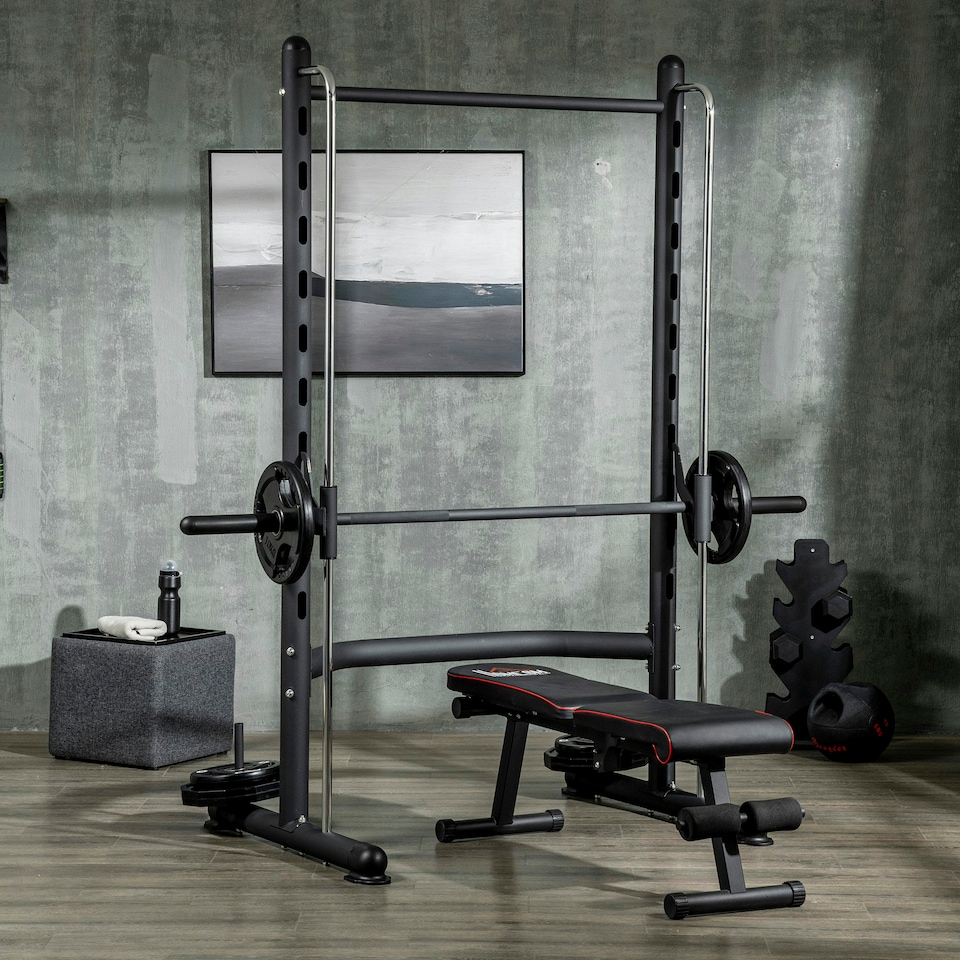 image 1 of HOMCOM Adjustable Squat Rack with Pull Up Bar and Barbell Bar for Home Gym