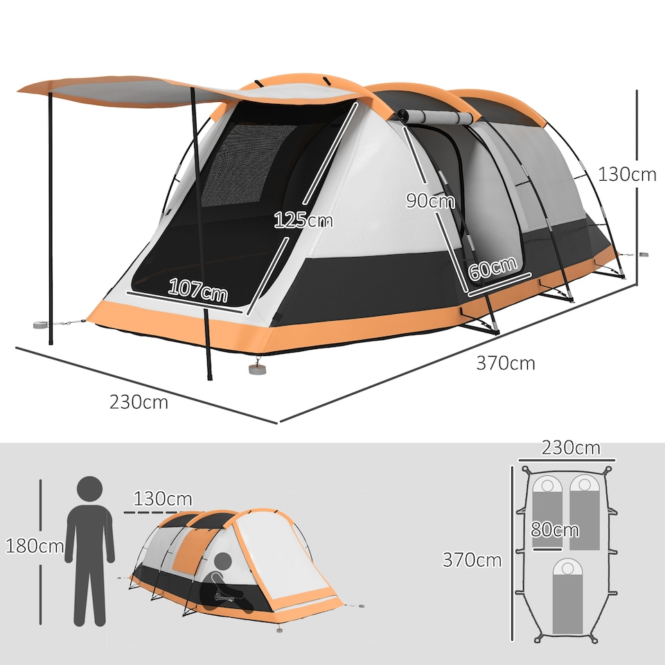 image 1 of Outsunny Tunnel Tent with Bedroom, Living Room and Porch for 3-4 Man, Green