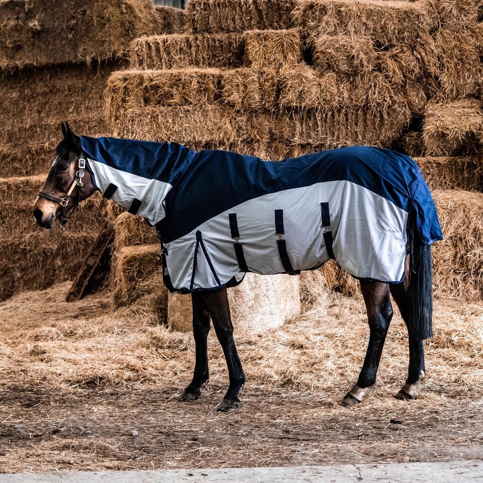 image 1 of eQuitack 600D 2 in 1 Waterproof Fly Turnout Mesh Horse Rug Fixed Neck Navy/Silver 6'0''