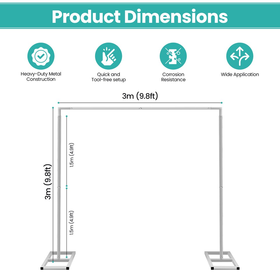 image 1 of 3x3m Silver Modular Rectangular Backdrop Stand Kit with Metal Frame - 2 Base, 6 Pipes