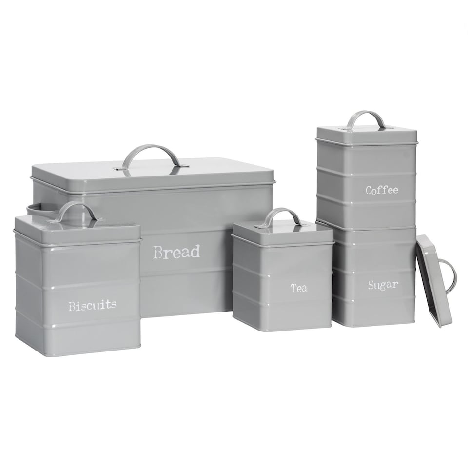 image 1 of Harbour Housewares 5 Piece Vintage Metal Kitchen Canisters Set - Grey