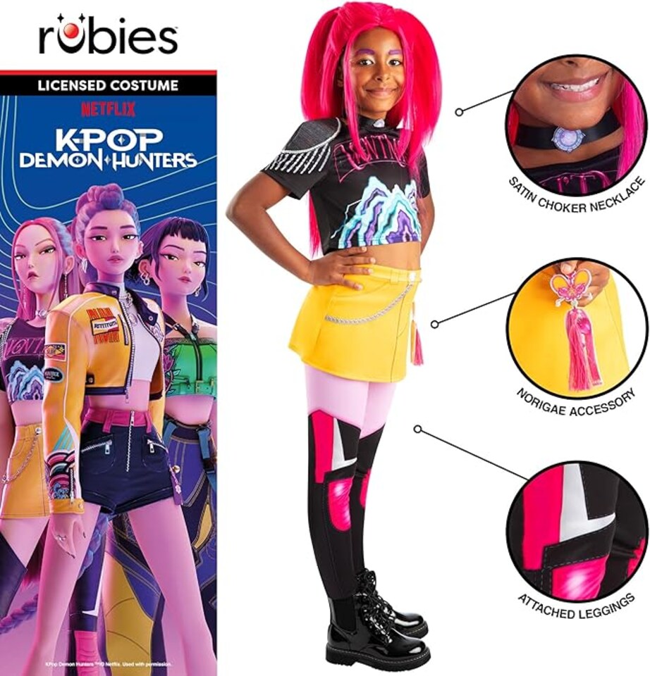image 1 of Rubie's Official Netflix K-Pop Demon Hunters Deluxe Mira Costume | Graphic Crop Top, Yellow Skirt, Printed Leggings & Choker | Girls Fancy Dress | Officially Licensed Halloween Costume | Kids Sizes