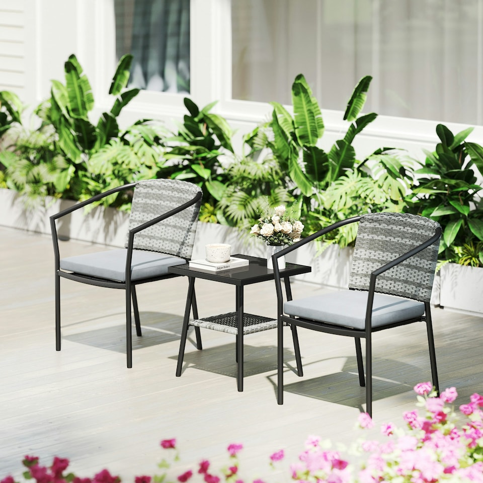 image 1 of Outsunny 3 PCS Rattan Bistro Set with Cushions Coffee Table and Chairs