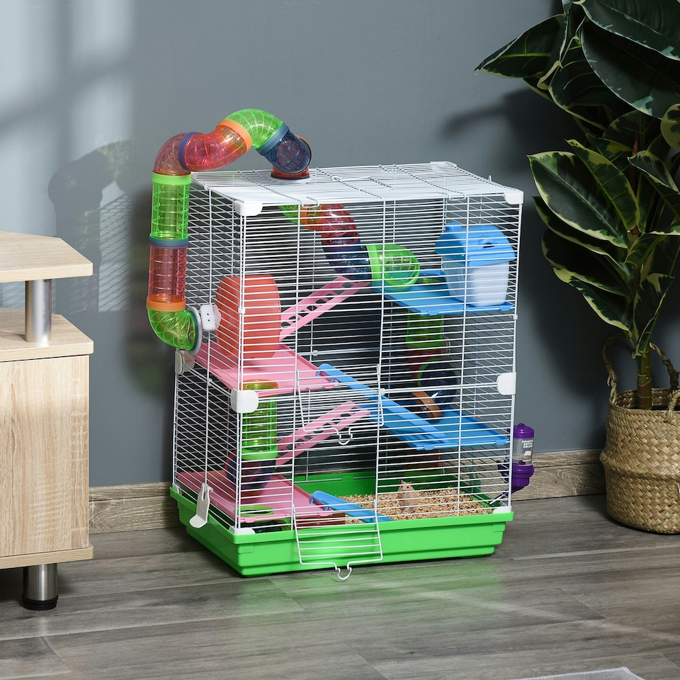 image 1 of Pawhut 5 Tier Hamster Cage Carrier Habitat w/ Exercise Wheels, Green