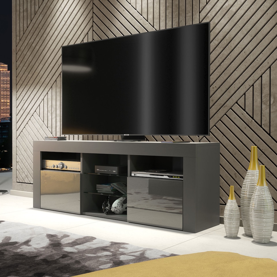 image 1 of TV Unit TV Stand Grey Gloss Media Console Sideboard Storage Cabinet 145cm