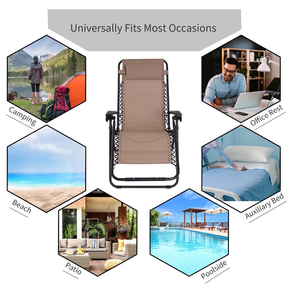 image 1 of Outsunny Zero Gravity Chair Metal Frame Texteline Armchair Outdoor Folding and Reclining Sun Lounger with Head Pillow for Patio Decking Gardens Camping, Beige