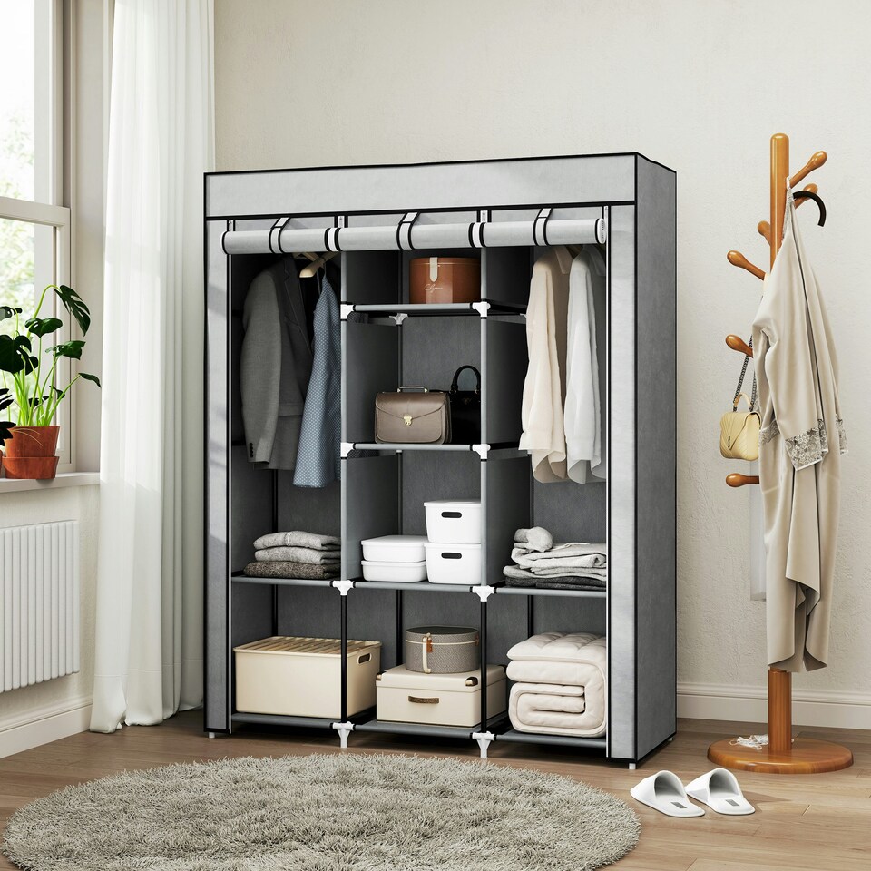 image 1 of HOMCOM Fabric Portable Wardrobe with 8 Shelves 2 Hanging Rails, Light Grey Grey
