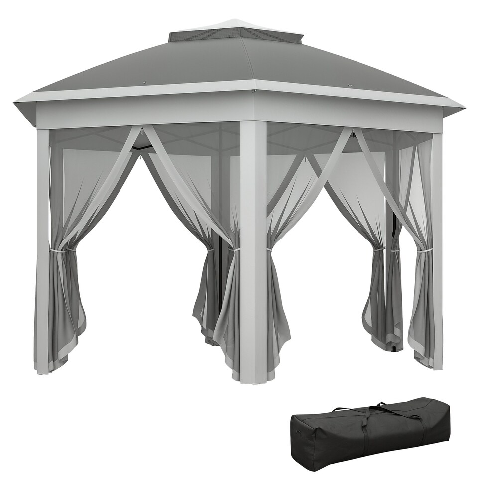 image 1 of Outsunny 3x4m Hexagon Gazebo w/ Mesh Curtains Outdoor Garden, Dark Grey