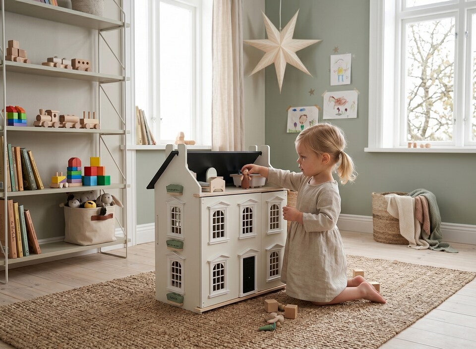 image 1 of Hooga Noble Wooden Dollhouse with 11 Doll House Furnitures