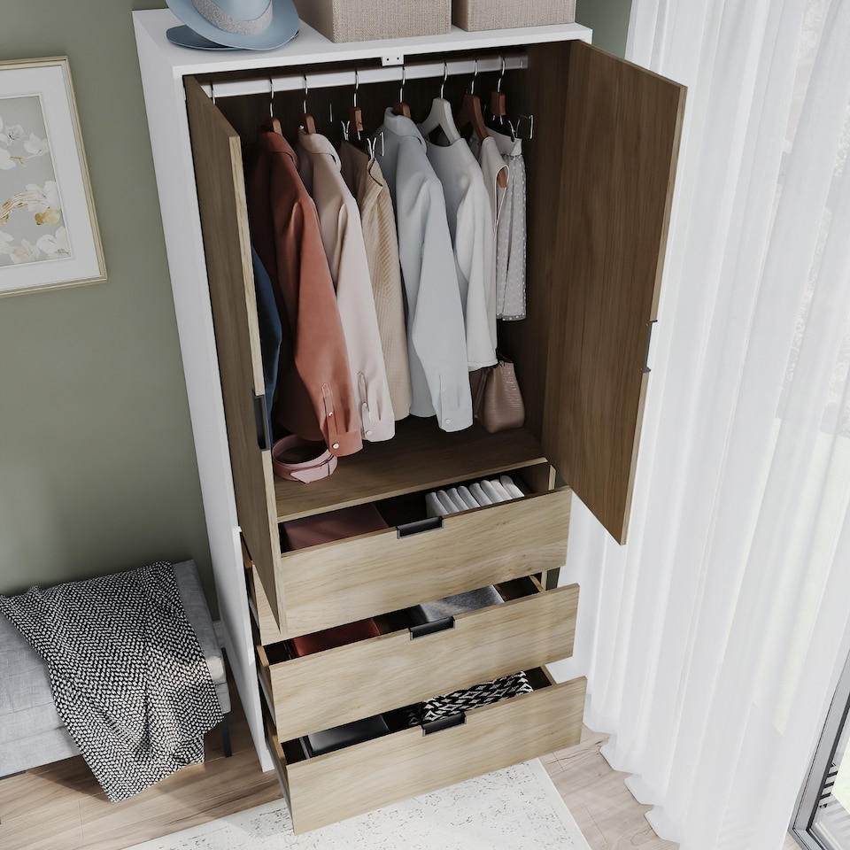 image 1 of 2 Door 3 Drawer Wardrobe with Hanging Rail - Modern Bedroom Storage Furniture | White | White with Oak Doors | 1
