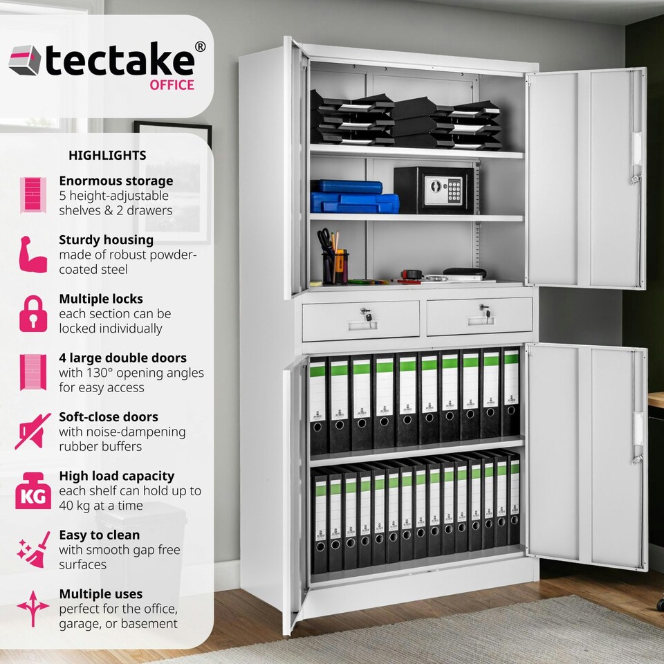 image 1 of Filing Cabinet Cosmo - 2 drawers, 5 adjustable shelves, 180 x 80 x 40 cm Grey | Light Grey