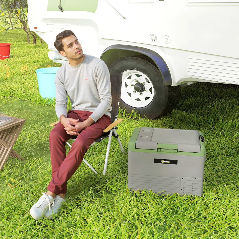 image 1 of Outsunny 40L Car Refrigerator, Portable Compressor Car Fridge Freezer, Electric Cooler Box with 12/24V DC and 110-240V AC for Camping, Driving, Picnic, Down to -20℃, Light Green and Grey | Green