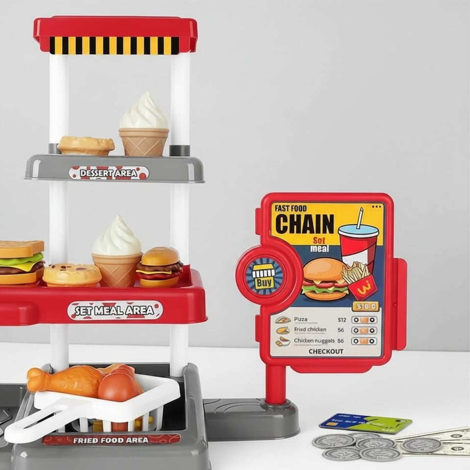 image 1 of 71PCS Kids Fast Food Playset – Pretend Kitchen Toy Set with Cash Register, Drink Dispenser & Food Accessories