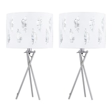 Set of 2 Tripod Table Lamps with White Fern Cut Out Shades Chrome | White