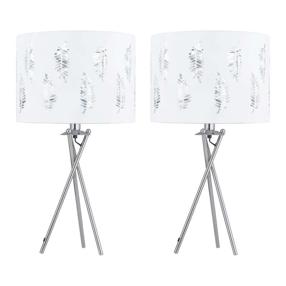 image 1 of Set of 2 Tripod Table Lamps with White Fern Cut Out Shades Chrome | White