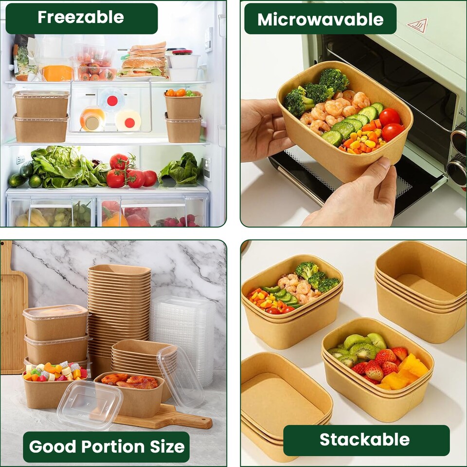 image 1 of ECONX 650ml Kraft Food Containers with Plastic Lids Rectangular Takeaway Food Box 50pc