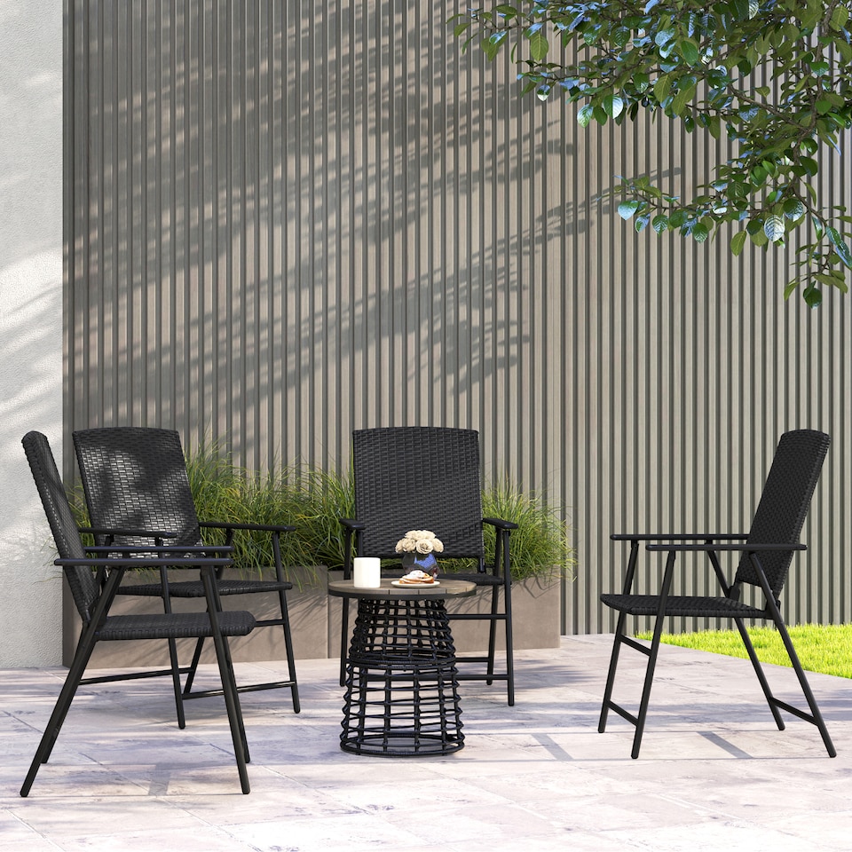 image 1 of Outsunny Folding Garden Chairs Set of 4, PE Rattan Garden Dining Chairs with Armrests, High Back and Steel Frame, Weather Resistant Outdoor Dining Furniture for Patio, Balcony, Black | Black