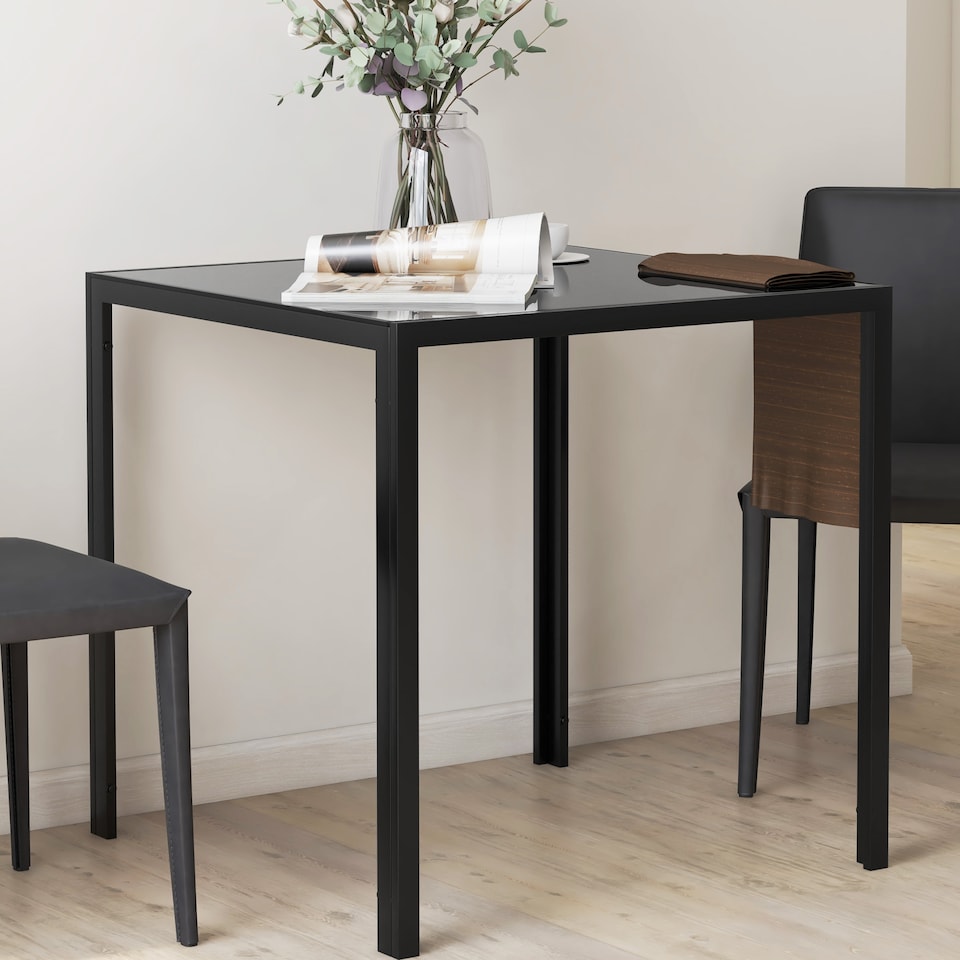 image 1 of HOMCOM Modern Square Dining Table with Tempered Glass Top Metal Legs | Black | Black | 75cm x 75cm x 75cm