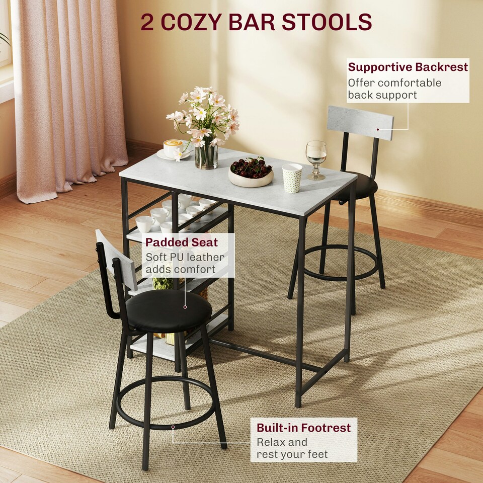 image 1 of HOMCOM 3 Piece Breakfast Bar Table Set with Storage Shelves, Light Grey Grey