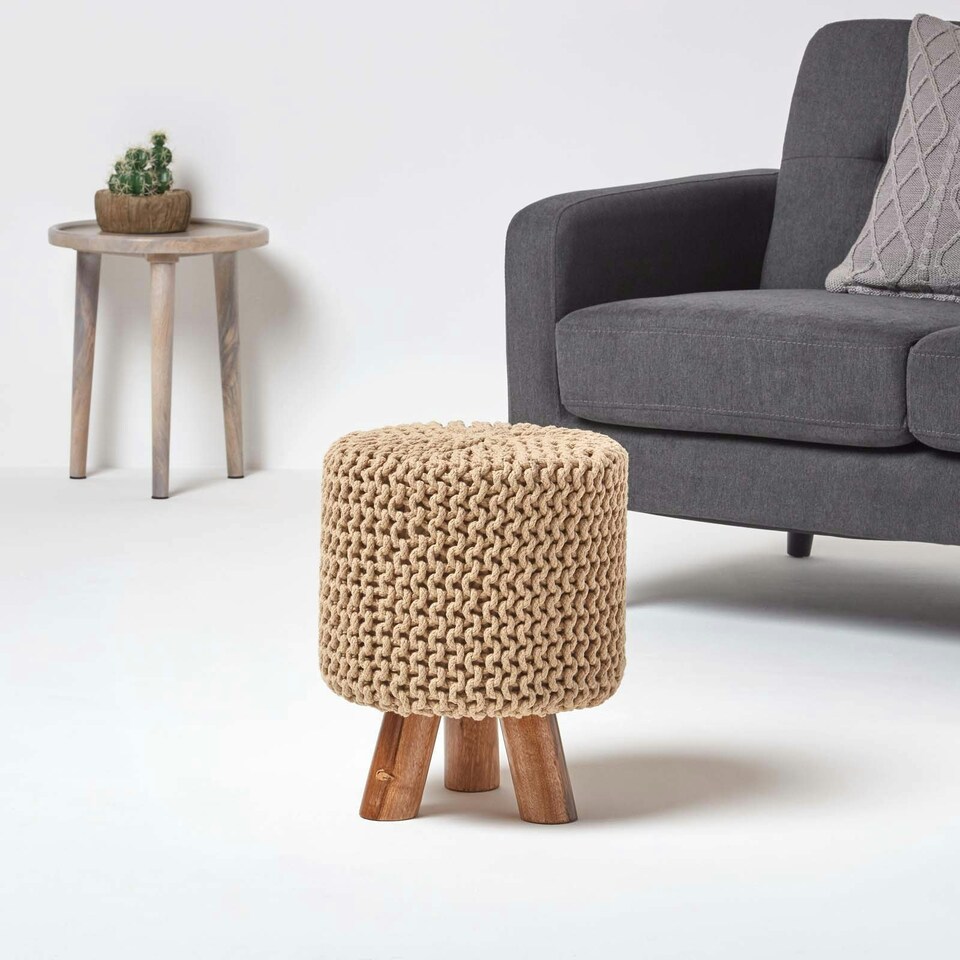 image 1 of Homescapes Linen Tall Cotton Knitted Footstool on Legs