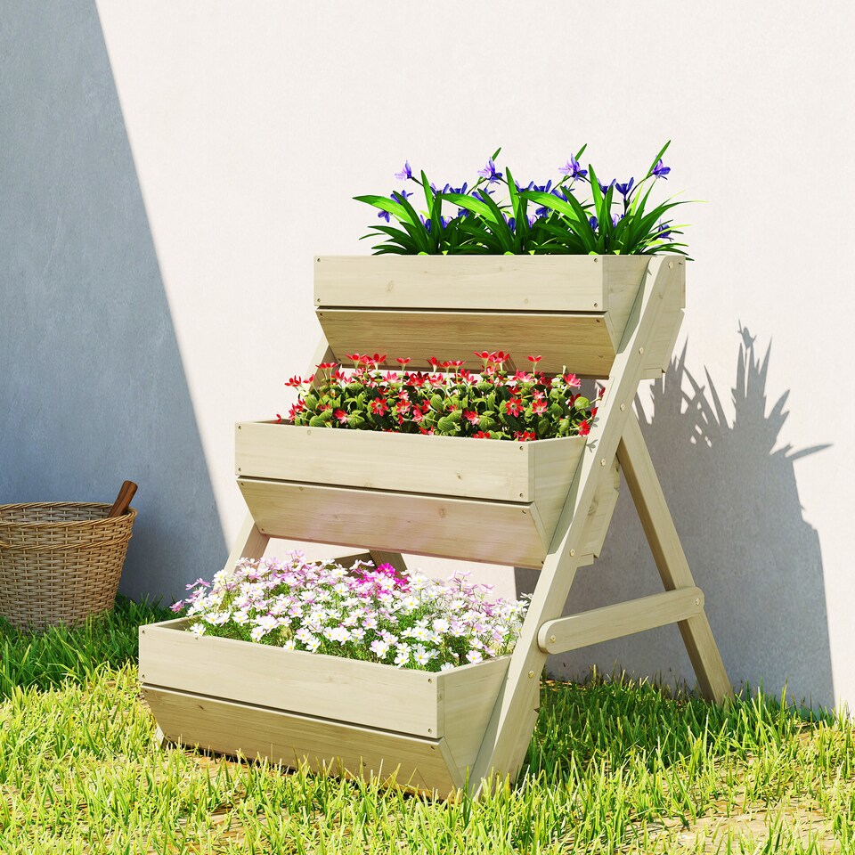 image 1 of Outsunny 3 Tier 66L Raised Garden Bed Wooden Elevated Planter Box Kit for Flower, Vegetable, Herb, 65 x 75 x 76cm, Green