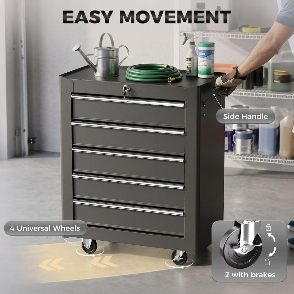 image 1 of HOMCOM 5-Drawer Tool Chest Steel Lockable Tool Storage Cabinet with Wheels | Black