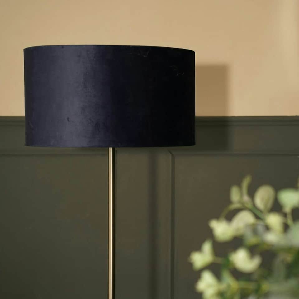 image 1 of ValueLights Tavel Brushed Silver Floor Lamp with Large Navy Blue Drum Shade Blue