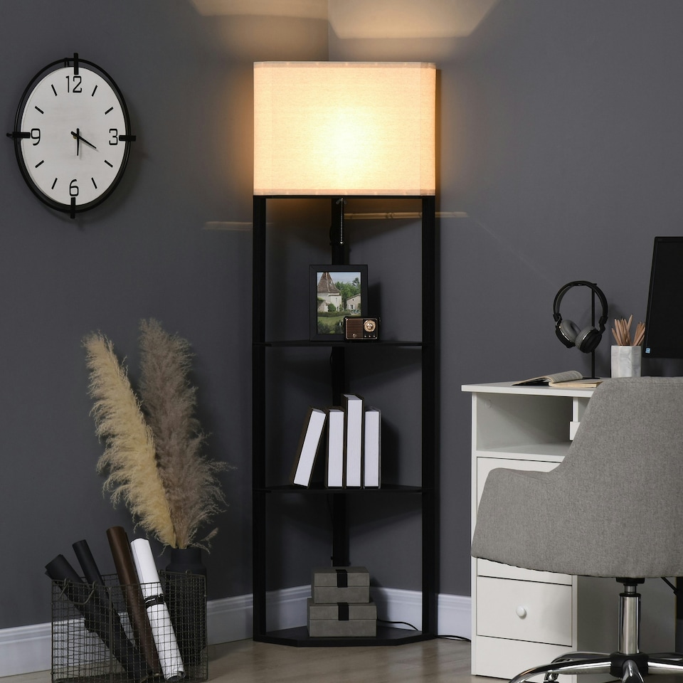 image 1 of HOMCOM Corner Modern Floor Lamp with Shelves for Living Room, Bedroom, Black