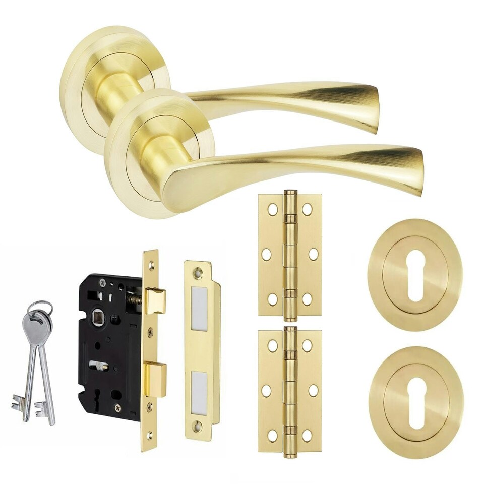 image 1 of Golden Grace Astrid Design Key Lock Door Handle Set in Satin Brass Hinges and Mortise Lock Gold