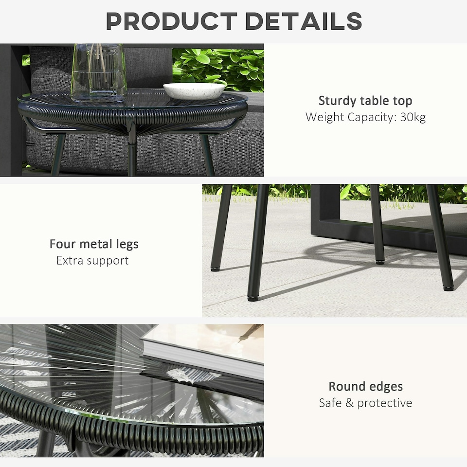 image 1 of Outsunny Rattan Side Table w/ Tempered Glass Tabletop, Black 