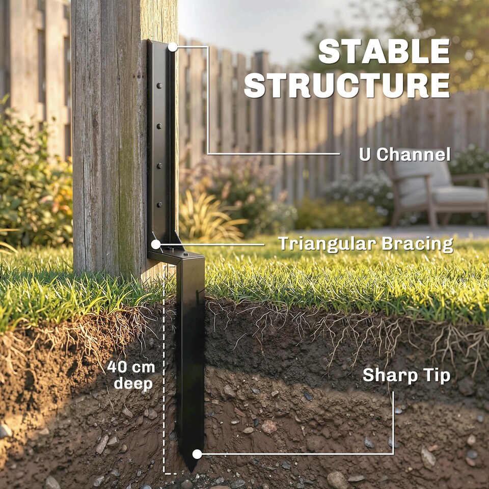 image 1 of Outsunny 2 Pack Fence Post Repair Kit, Metal Fence Post Support with Drill | Black | Black | 81 x 5.5 x 12 cm