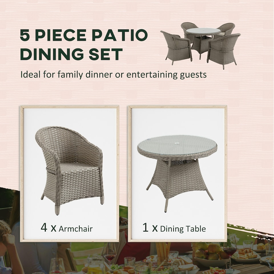 image 1 of Outsunny Rattan Dining Set for 4 with Cushions and Umbrella Hole, Mixed Grey
