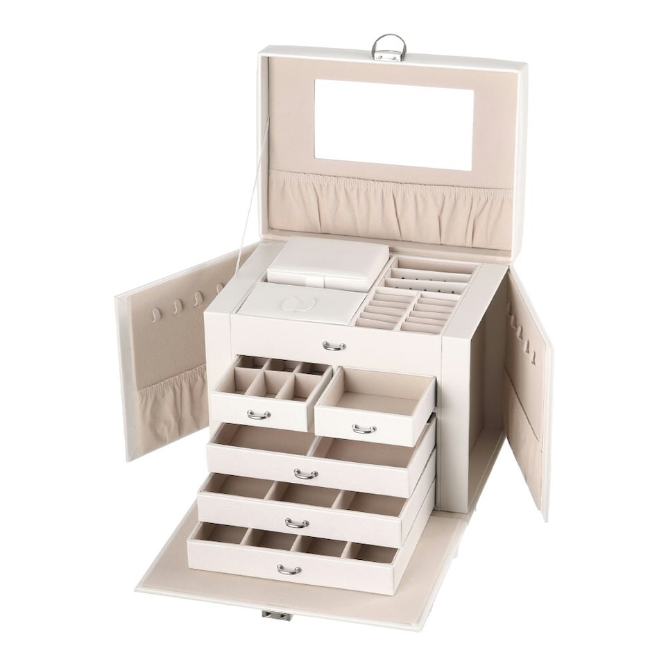 image 1 of Living and Home Jewellery Box Storage Organiser with Lock & Mirror - White | White