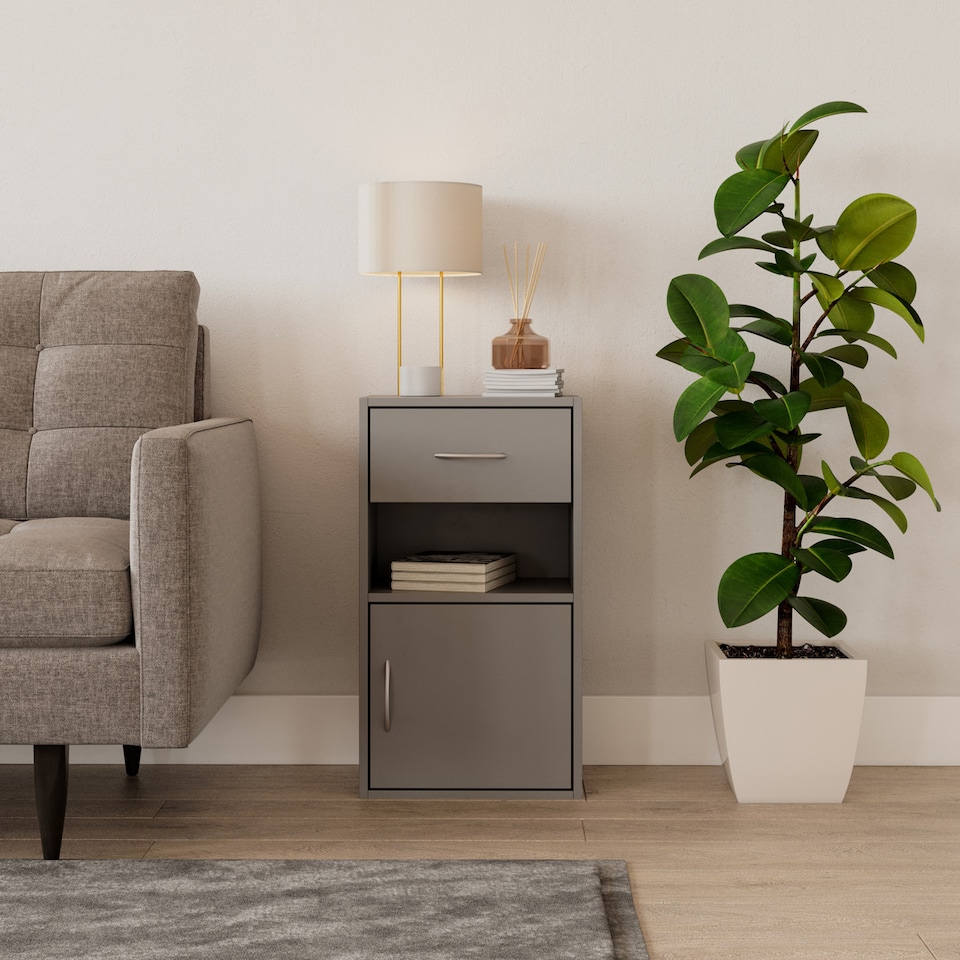 image 1 of 1-Drawer 1-Door Wooden Bedside Table | Grey | Unit Colour: Grey | 1