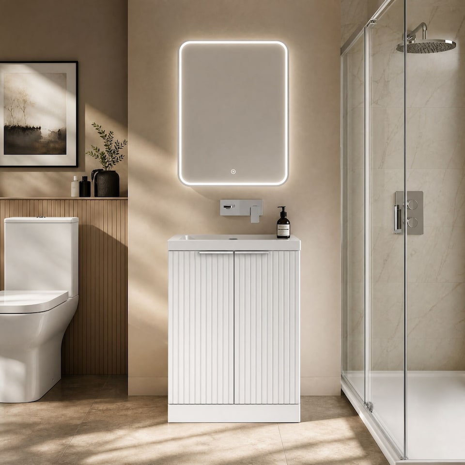 image 1 of Balterley Callingwood Contemporary Floor Standing 2 Door Vanity Unit with 0 Tap Hole Fireclay Basin , 600mm, Matt White