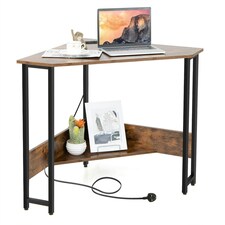 COSTWAY Corner Desk Triangle Computer Table w/Power Outlet Brown Brown
