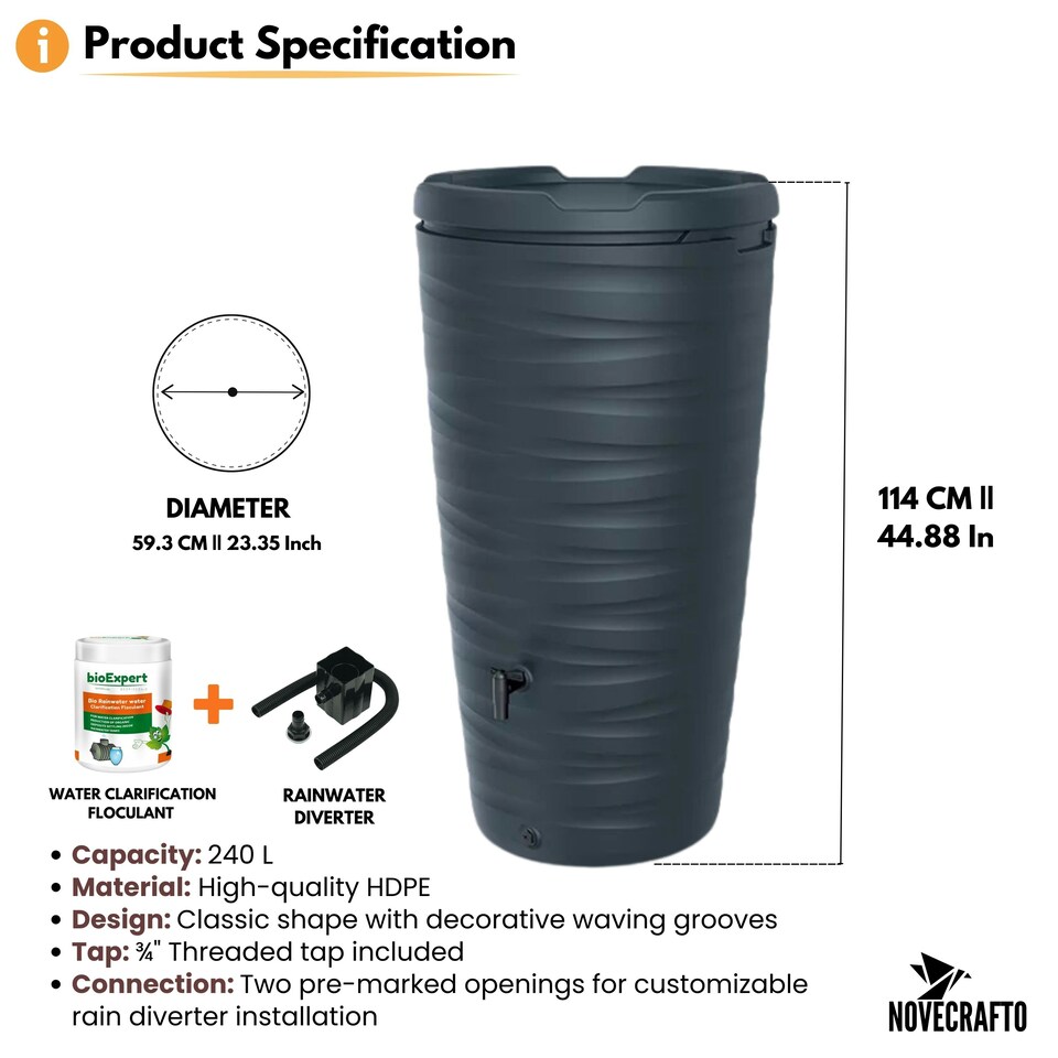 image 1 of Water Butt Kit with Tap, Diverter & Bio Cleaner –  Rainwater Collector for Garden, Balcony & Terrace – Durable Plastic Water Storage Tank Black | 240L