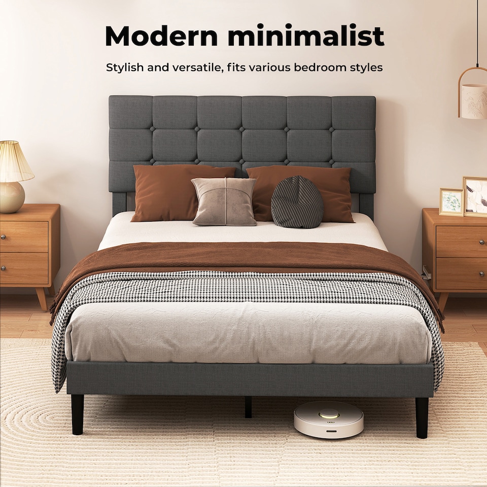 image 1 of Levede Bed Frame Upholstered Linen Headboard Tufted Wooden Slat King Size Grey | Grey | King | King