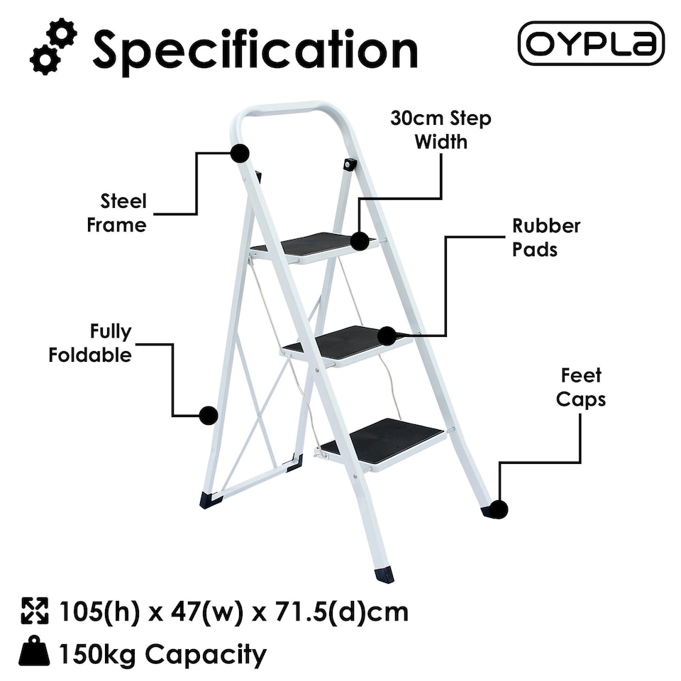 image 1 of Foldable 3 Step Ladder Stepladder Non Slip Tread Safety Steel | White