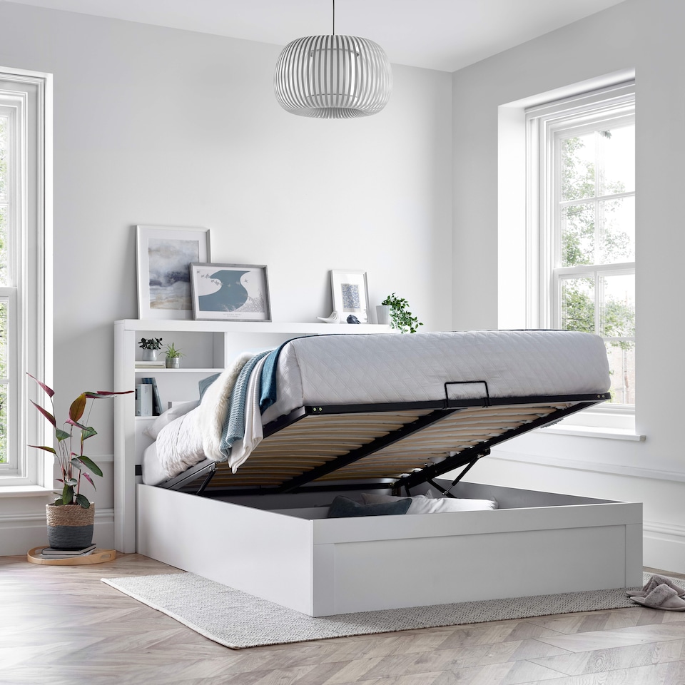 image 1 of Arizona White Wooden Bookcase Ottoman Storage Bed And Memory Maestro Memory Foam Mattress King Size | White