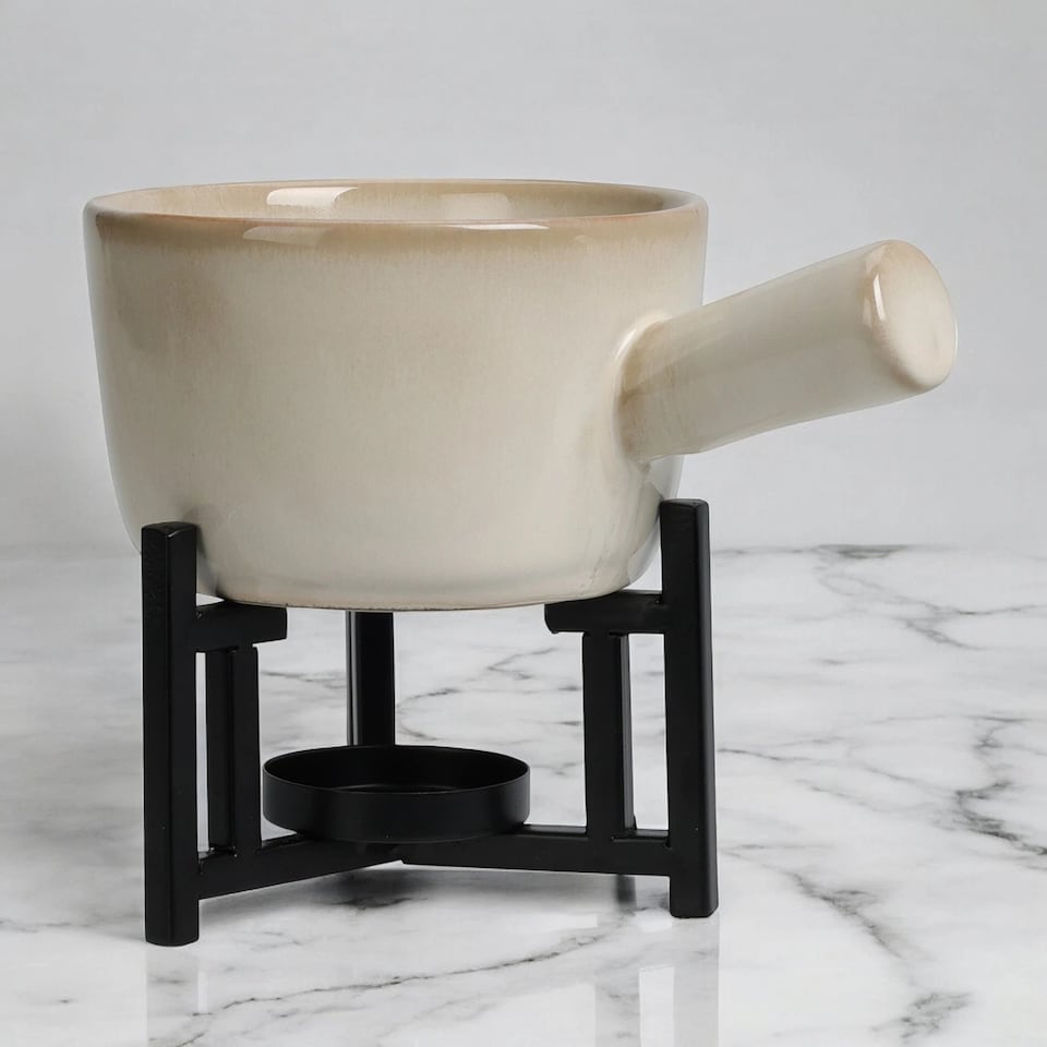 image 1 of Ceramic Chocolate Cheese Fondue Set Melting Pot with 2 Fruit Forks in Gift Box