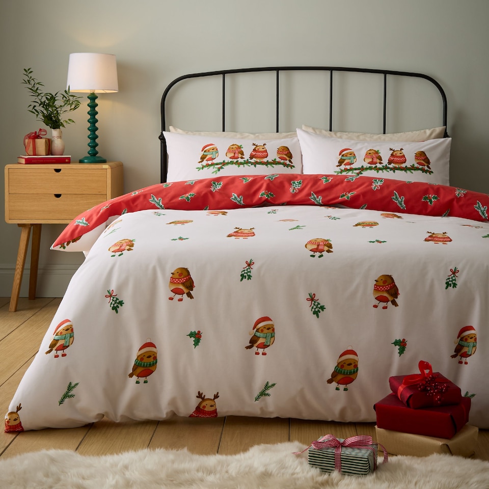 image 1 of Catherine Lansfield Christmas Robins Reversible Duvet Cover Set