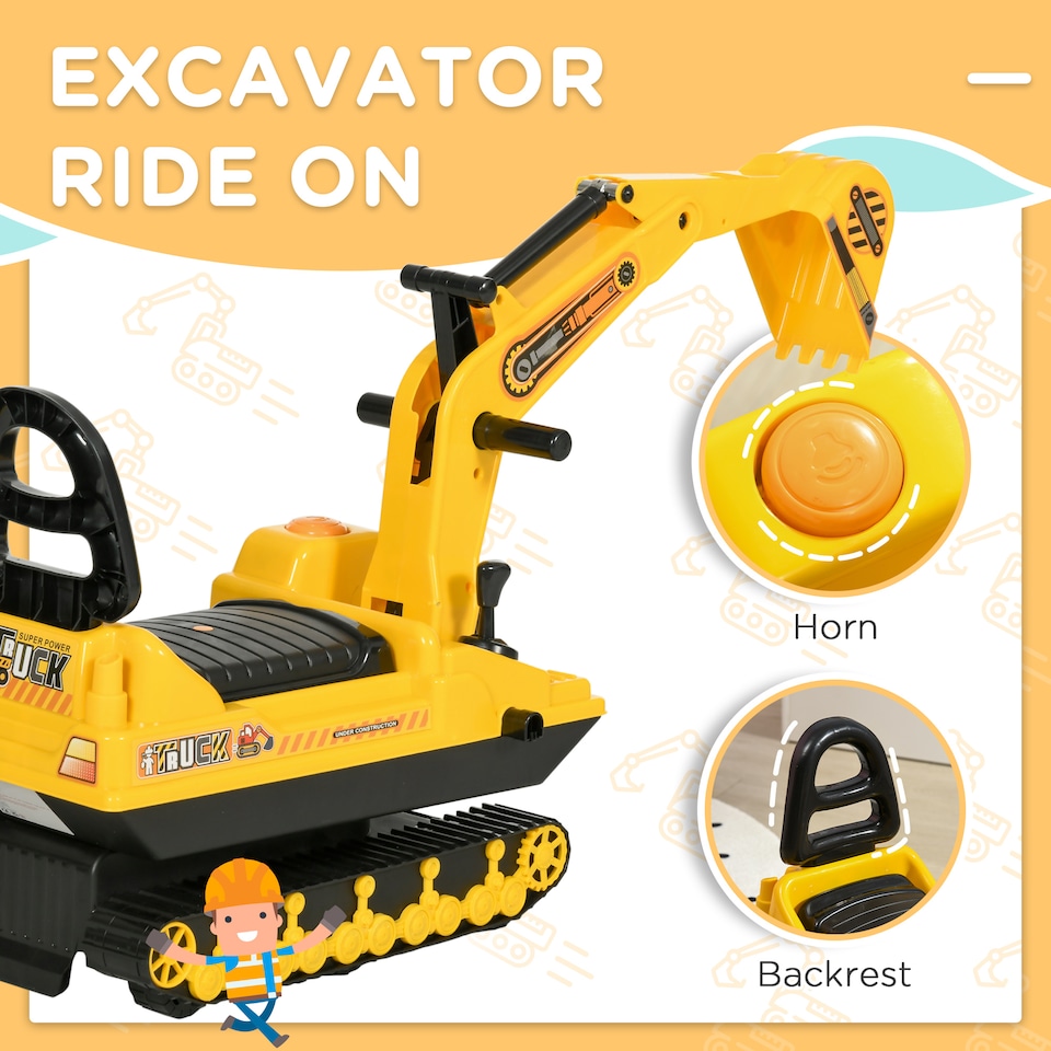 image 1 of HOMCOM Kids Ride On Toy Digger Excavator Toy Tractors Walker Toddler Truck Basket Storage For Boys Girls 18-48 Months Yellow NO POWER