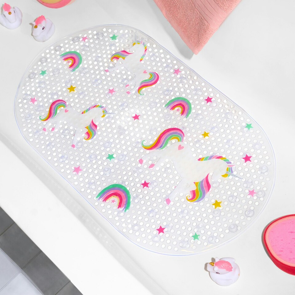 image 1 of OHS Kids Unicorn Print Anti-Mould Suction Cup Non-Slip PVC Inside Shower Bath Mat Clear | 39 x 69cm
