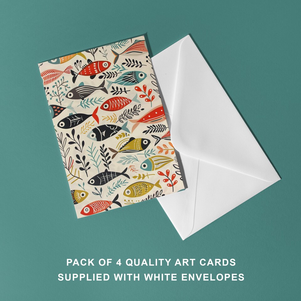 image 1 of Scandi Fish Pattern Art Cards Pack of 4 Coastal Marine Greeting Cards