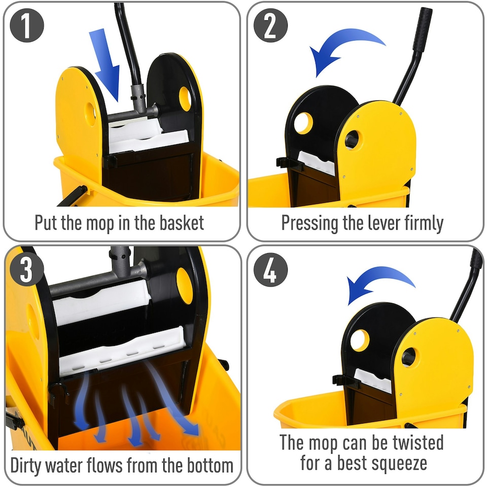image 1 of HOMCOM Mop Bucket on Wheels with Carry Handle, Wringer for Household Yellow