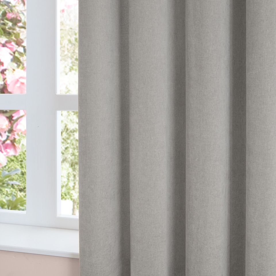 image 1 of Furn Soft Chenille Blackout Pencil Pleat Curtain Pair, 117cm width x 183cm drop | Silver | Silver | 1