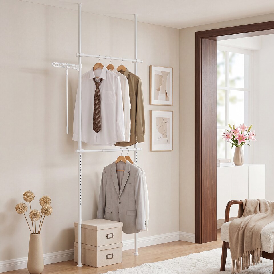 Adjustable Floor to Ceiling Clothes Rack w/ 2 Hanging Rods,Tension Pole ...